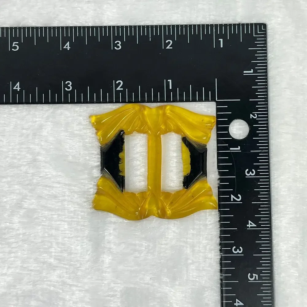 Vintage Carved Yellow Black Bakelite Fabric Belt Slide Buckle Art Deco Era